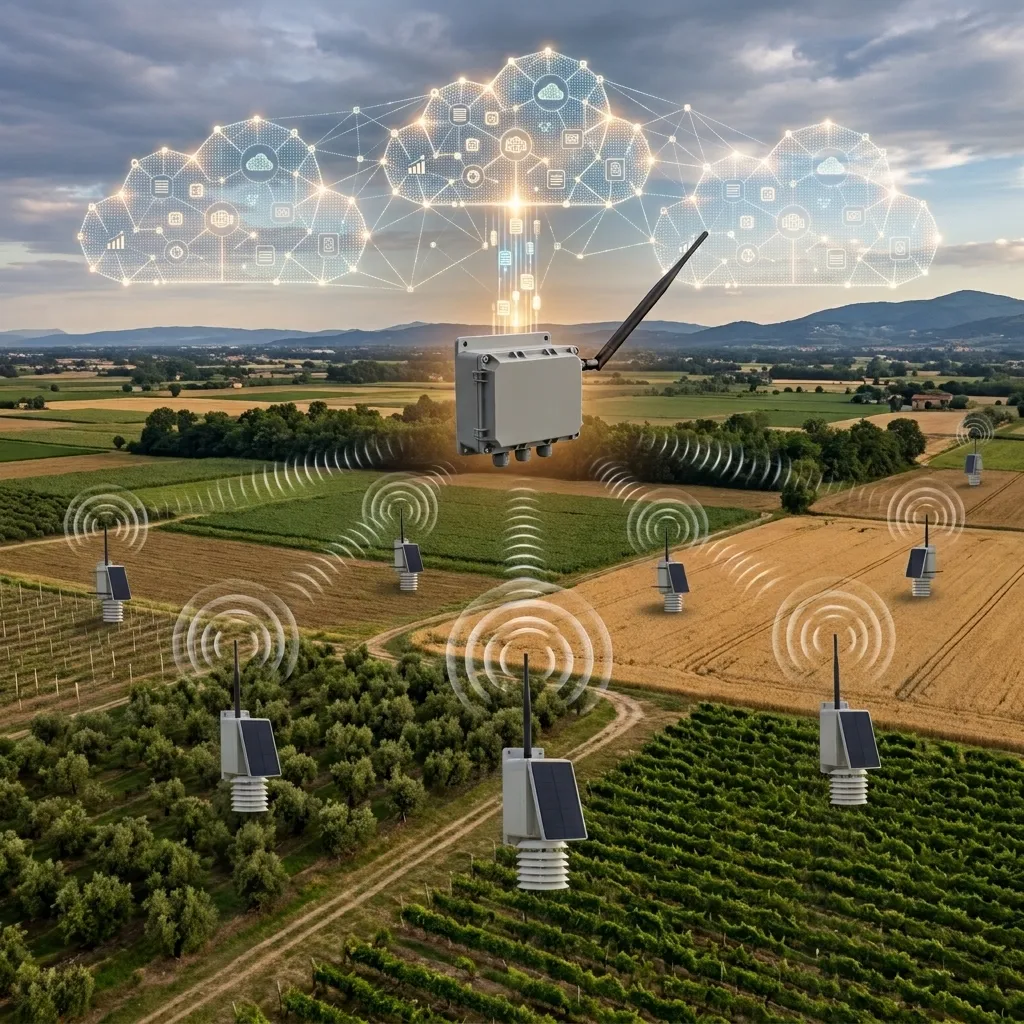 Illustrazione di un paesaggio agricolo con nodi a pannello solare tra vigneti e campi, collegati via radio a un gateway e da lì al cloud.