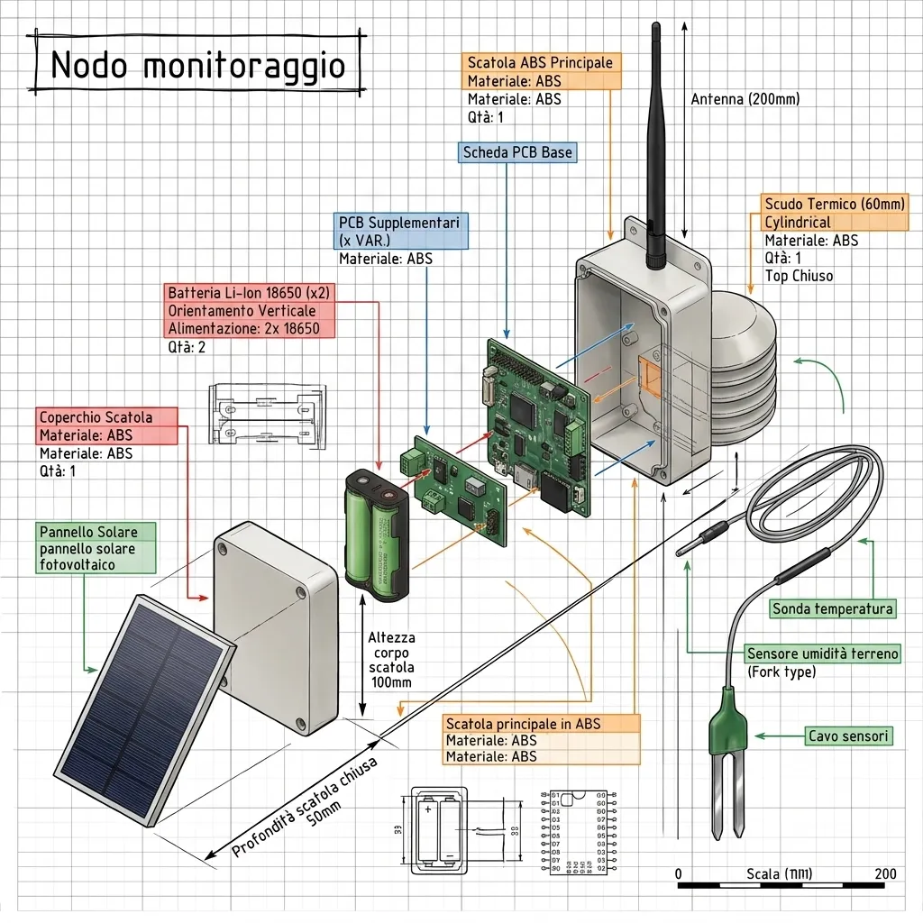 Disegno esploso del nodo di monitoraggio su carta a quadretti, con scatola, schede elettroniche, batterie, pannello solare, antenna e sensori.