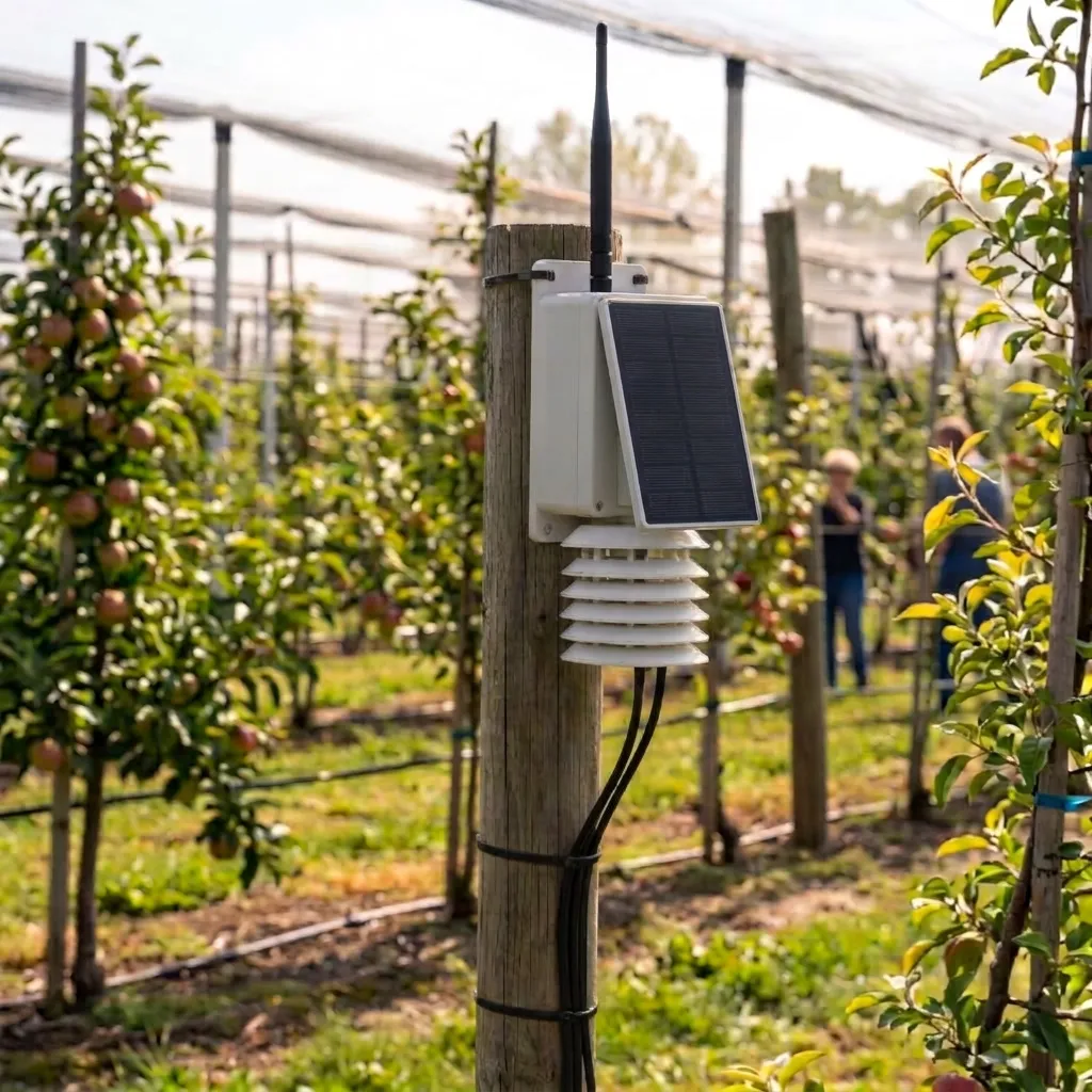 Nodo IoT con pannello solare fissato a un palo di legno in un frutteto di meli.