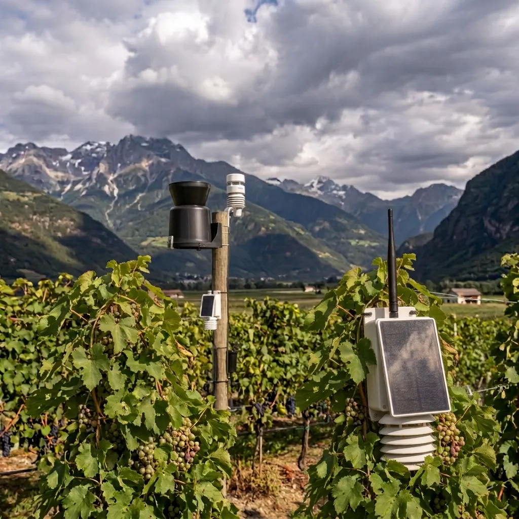 Nodo IoT con pannello solare e schermo per sensori installato tra i filari di un vigneto in montagna.